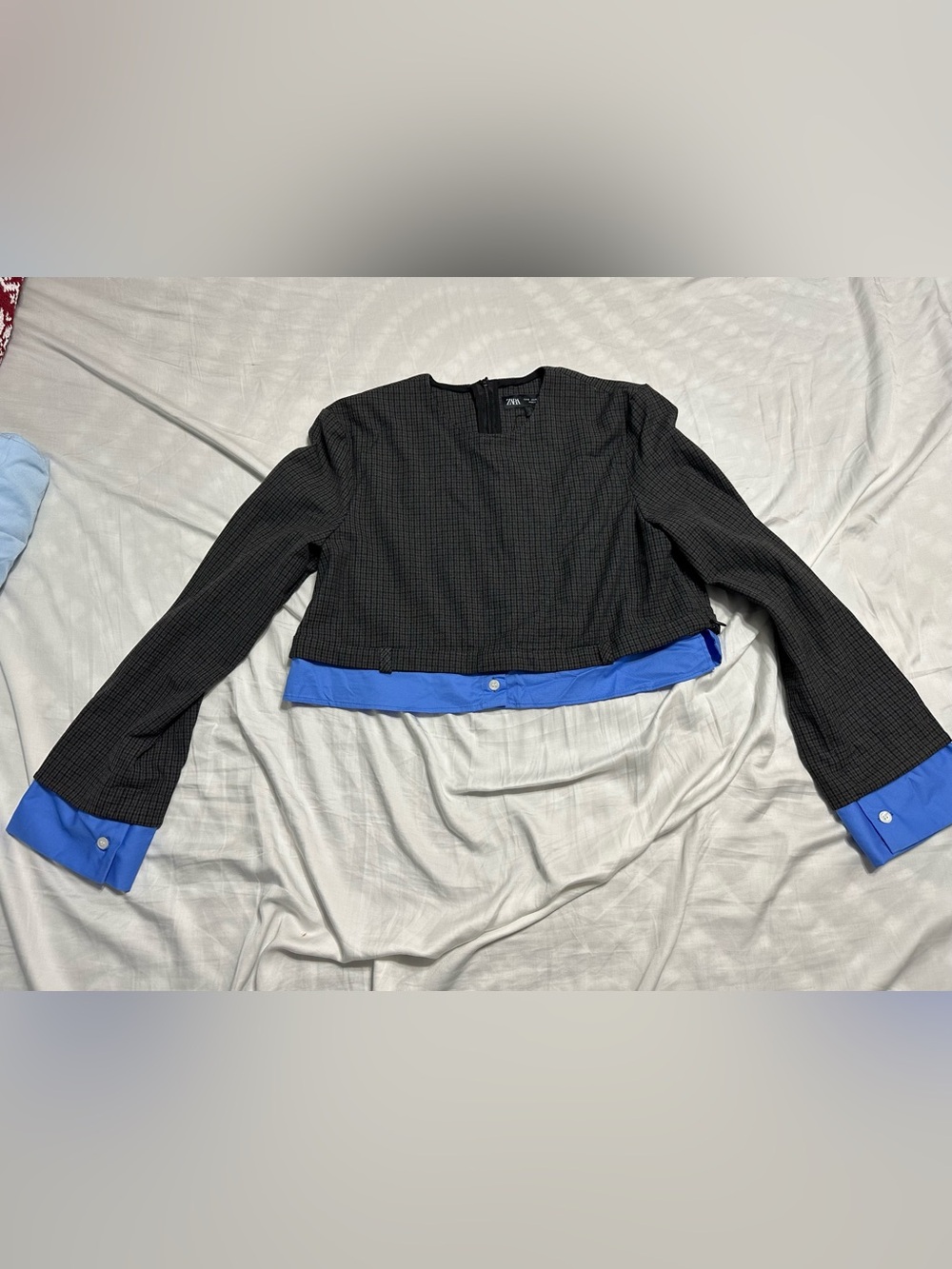 Zara Gray Textured Crewneck Top with Black Trim